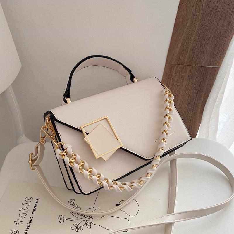 Faux Leather Crossbody Bag Mini Chain Flap Purse Metal Decor Square Handbag