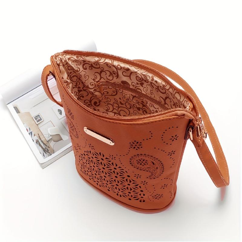 Hollow Bucket Crossbody Bag PU Leather Textured Bag Purse