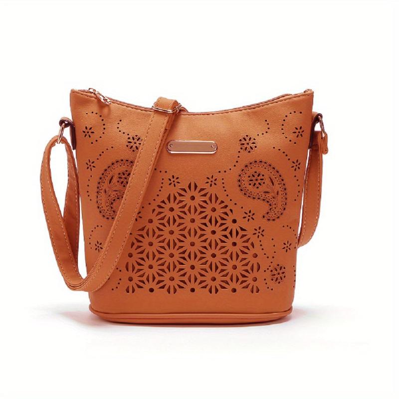 Hollow Bucket Crossbody Bag PU Leather Textured Bag Purse