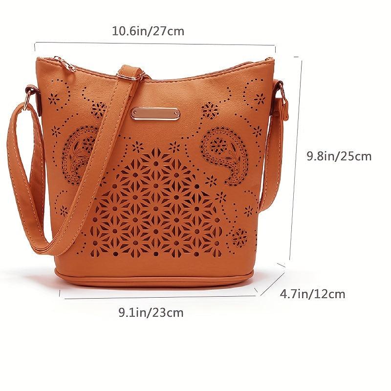 Hollow Bucket Crossbody Bag PU Leather Textured Bag Purse