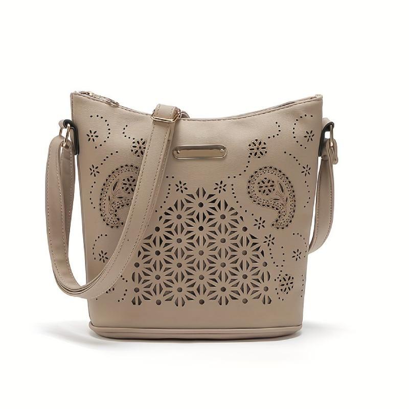 Hollow Bucket Crossbody Bag PU Leather Textured Bag Purse