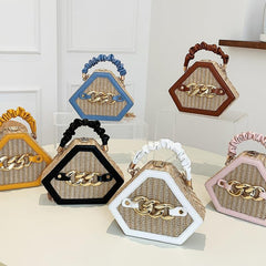 Straw Box Bag Chain Shoulder Top Handle Purse