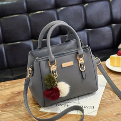 Plush Ball Decor Satchel Bag Small Top Handle Zipper Shoulder Crossbody Bag