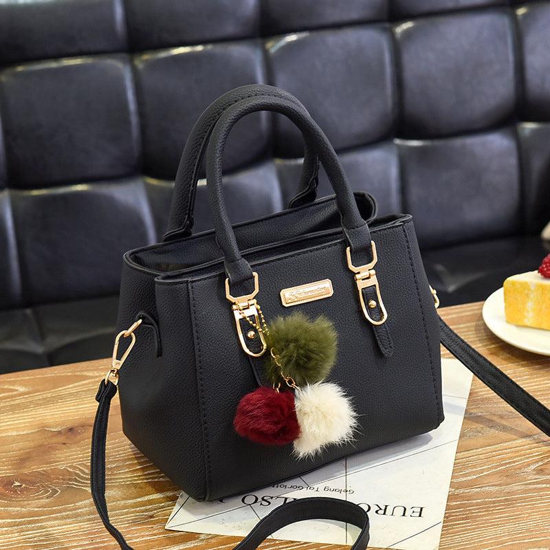Plush Ball Decor Satchel Bag Small Top Handle Zipper Shoulder Crossbody Bag