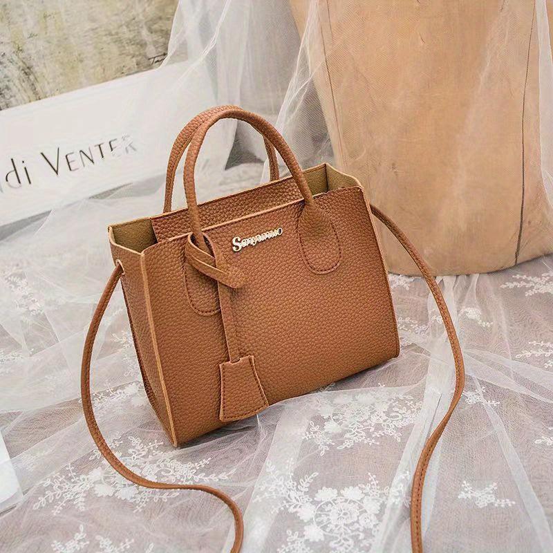 Litchi Embossed Mini Durable Shoulder Bag Portable Double Handle Tote Handbag