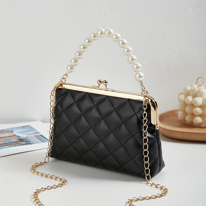 Argyle Quilted Crossbody Bag with Faux Pearl Handle