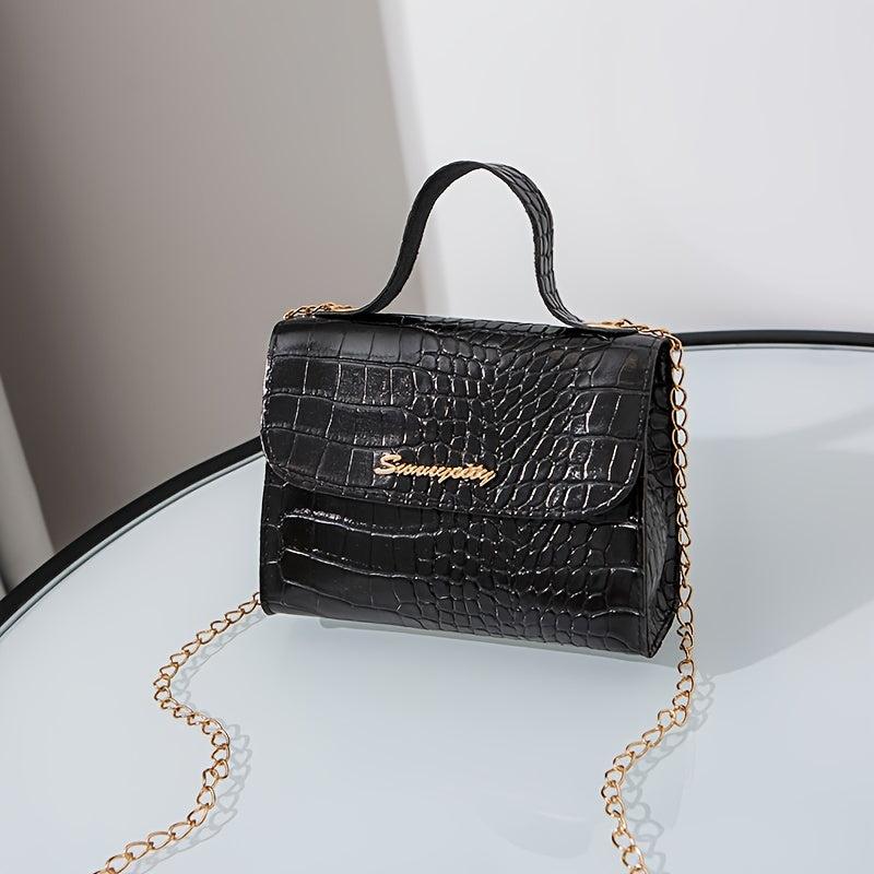 Crocodile Embossed Chain Crossbody Bag Stylish Flap Purse