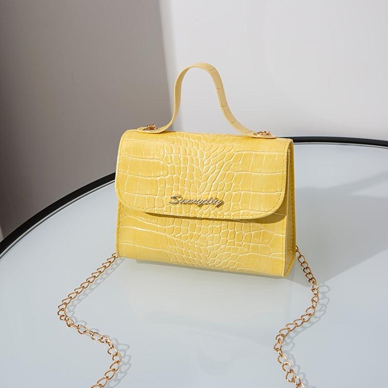 Crocodile Embossed Chain Crossbody Bag Stylish Flap Purse