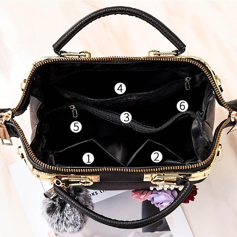 3D Floral Decor Handbag Faux Leather Crossbody Bag Women's Top Handle Purse