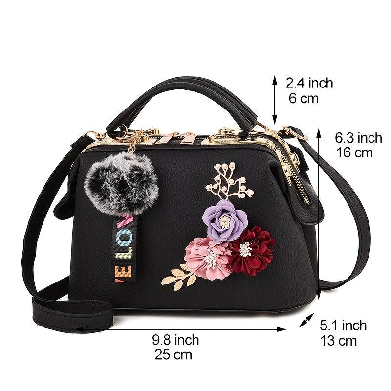 3D Floral Decor Handbag Faux Leather Crossbody Bag Women's Top Handle Purse