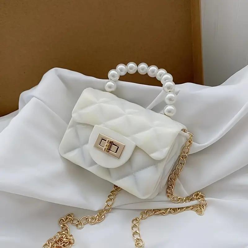 Rhombus Pattern Shoulder Bag with Faux Pearl Chain Crossbody