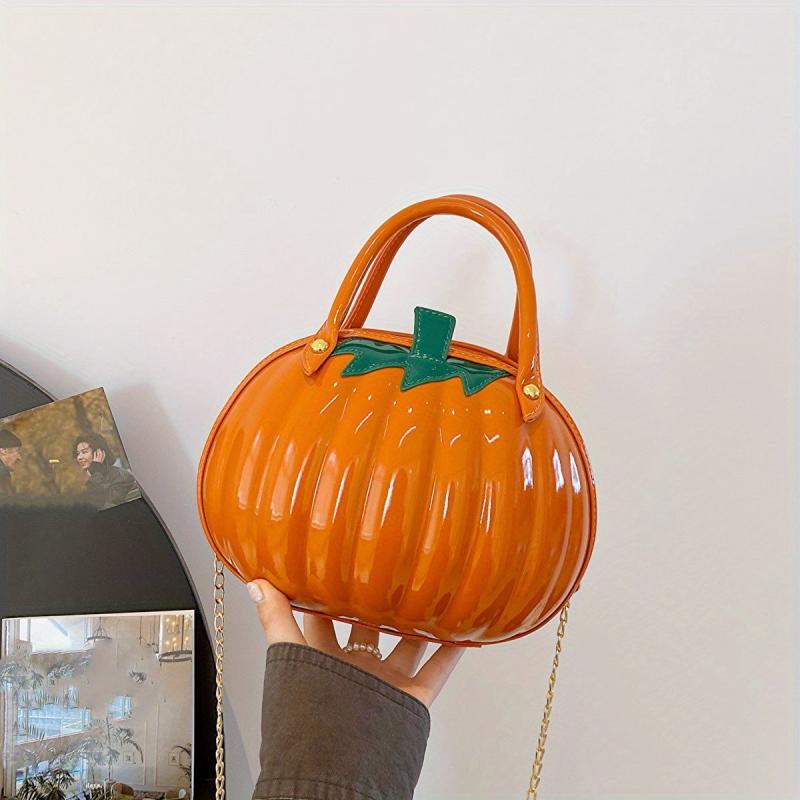 Pumpkin Shaped Metal Chain Crossbody Bag PU Leather Satchel Bag