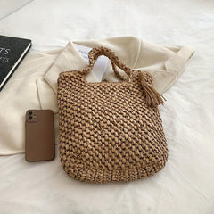Ethnic Straw Woven Handbags Tassel Decor Tote Bag Boho Style