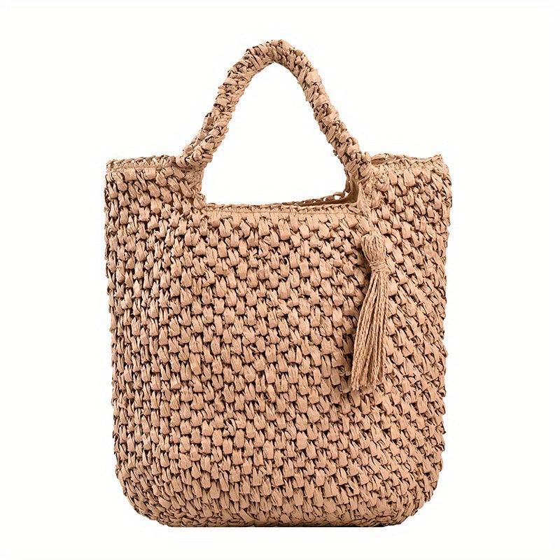 Ethnic Straw Woven Handbags Tassel Decor Tote Bag Boho Style