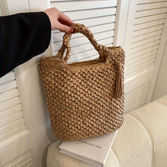 Ethnic Straw Woven Handbags Tassel Decor Tote Bag Boho Style