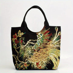 Ethnic Style Peacock Embroidered Large Capacity Canvas Tote Bag