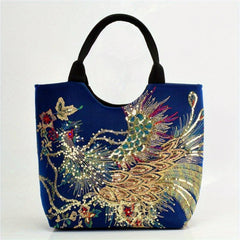 Ethnic Style Peacock Embroidered Large Capacity Canvas Tote Bag