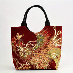 Ethnic Style Peacock Embroidered Large Capacity Canvas Tote Bag