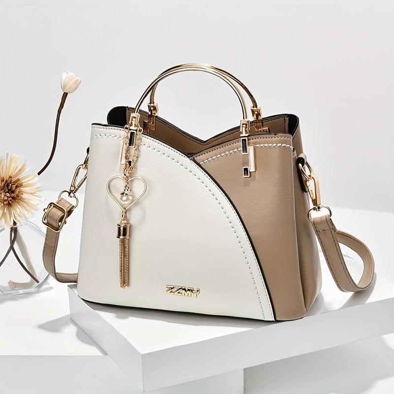 Colorblock Handbag Zipper Double Handle Purse PU Crossbody Bag