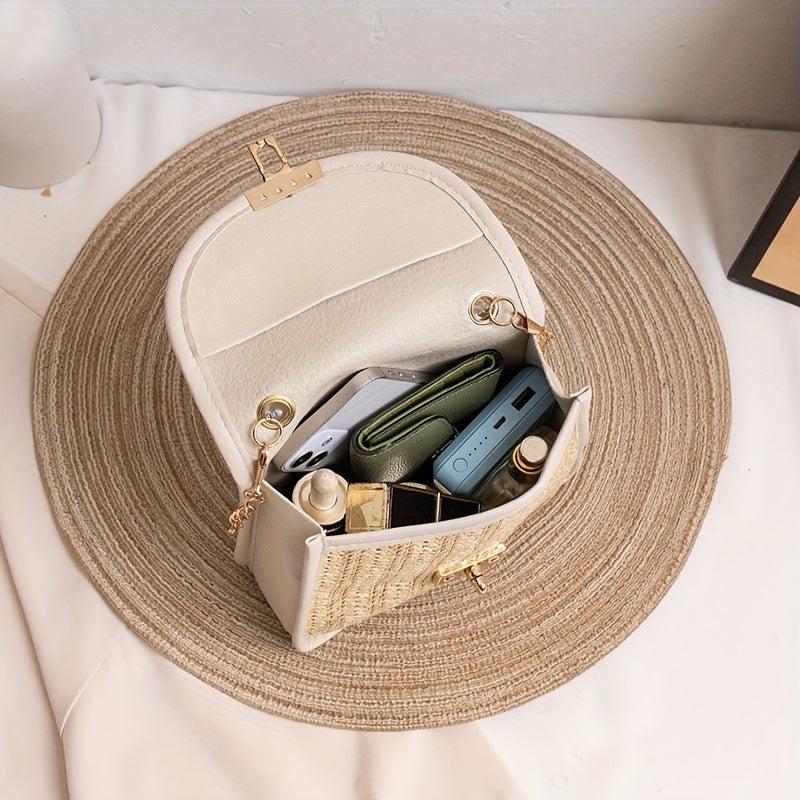 Straw Woven Pearl Handbag PU Leather Crossbody Bag