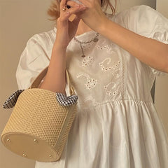 Mini Straw Woven Bucket Bag for Women, Casual Summer Beach Handbag