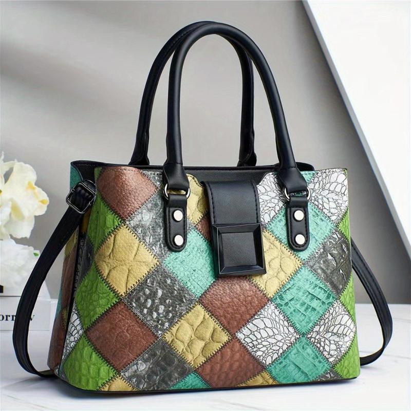Geometric Pattern Tote Bag Vintage Vegan Leather Satchel