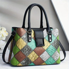 Geometric Pattern Tote Bag Vintage Vegan Leather Satchel