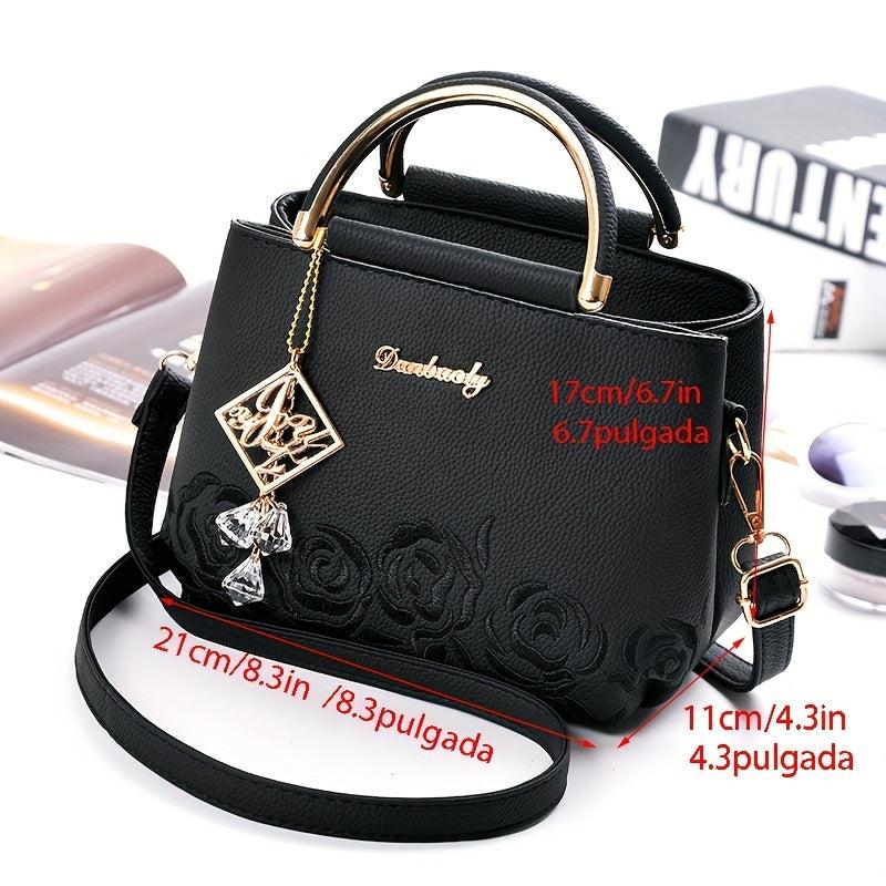 Floral Embroidered Rhinestone Crossbody Bag Top Handle Handbag
