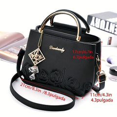Floral Embroidered Rhinestone Crossbody Bag Top Handle Handbag