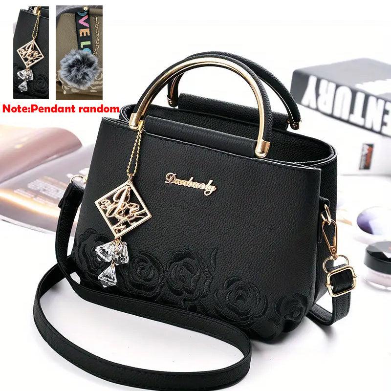 Floral Embroidered Rhinestone Crossbody Bag Top Handle Handbag