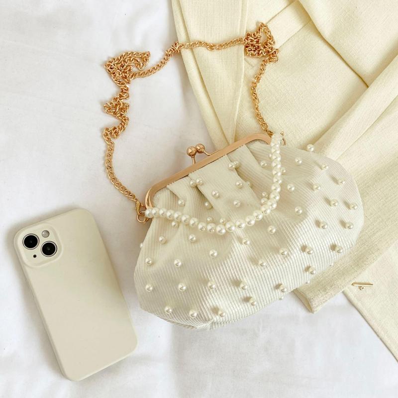 Faux Pearl Handle Stylish Kiss Lock Shoulder Bag