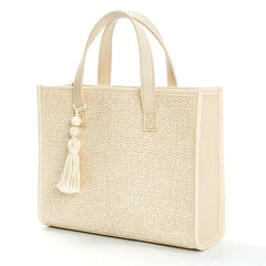 Beige Straw Tote Bag with Tassel Beaded Pendant - Beach Handbag