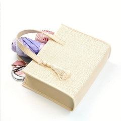 Beige Straw Tote Bag with Tassel Beaded Pendant - Beach Handbag