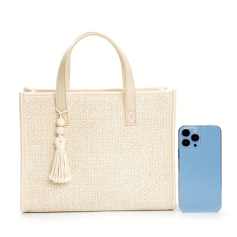 Beige Straw Tote Bag with Tassel Beaded Pendant - Beach Handbag