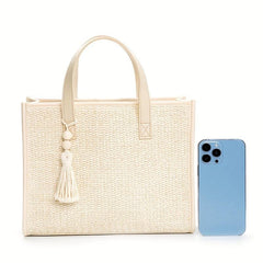 Beige Straw Tote Bag with Tassel Beaded Pendant - Beach Handbag