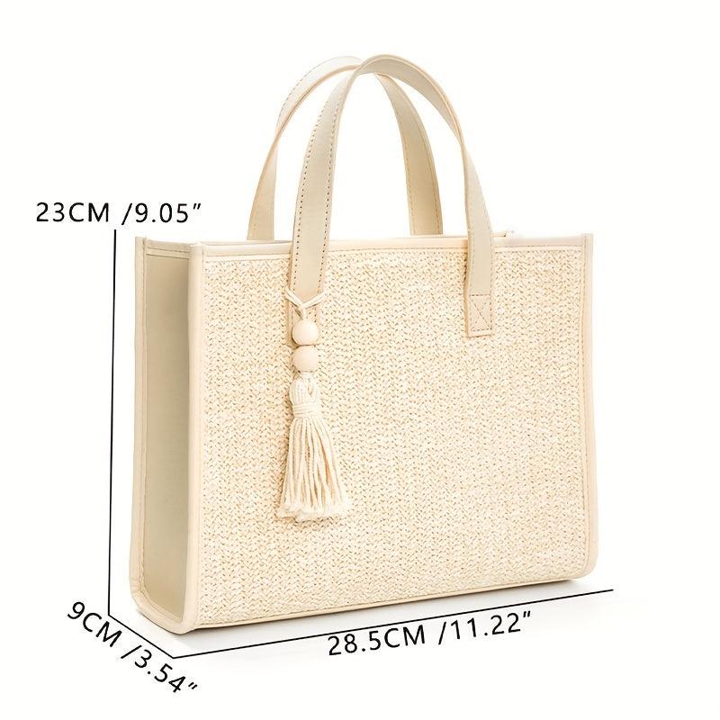 Beige Straw Tote Bag with Tassel Beaded Pendant - Beach Handbag