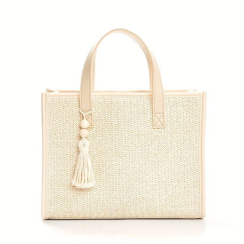 Beige Straw Tote Bag with Tassel Beaded Pendant - Beach Handbag