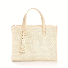 Beige Straw Tote Bag with Tassel Beaded Pendant - Beach Handbag