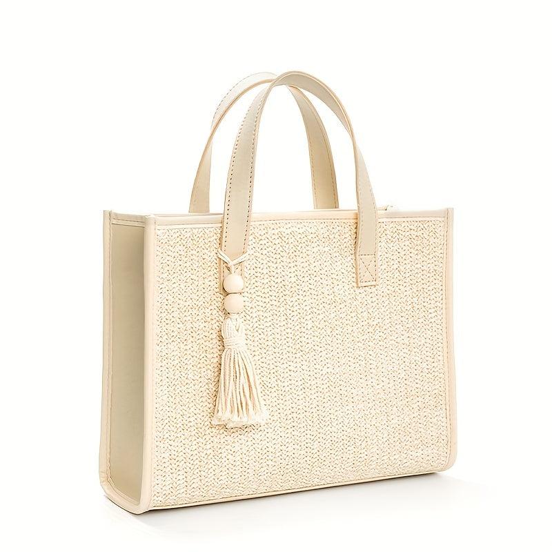 Beige Straw Tote Bag with Tassel Beaded Pendant - Beach Handbag