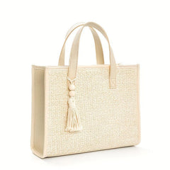 Beige Straw Tote Bag with Tassel Beaded Pendant - Beach Handbag