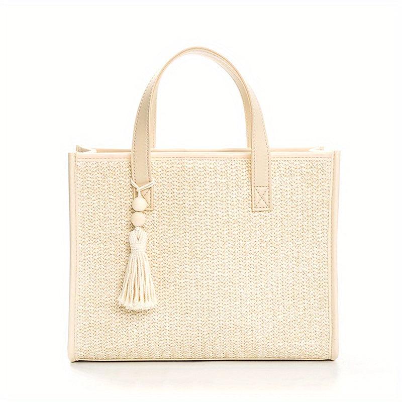 Beige Straw Tote Bag with Tassel Beaded Pendant - Beach Handbag
