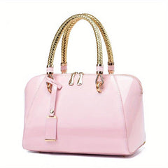 Small Top Handle Glossy Tote Bag PU Leather Textured Shoulder Bag