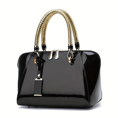 Small Top Handle Glossy Tote Bag PU Leather Textured Shoulder Bag