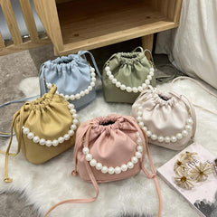 Faux Pearl Chain Bucket Bag Drawstring Crossbody Cloud Handbag
