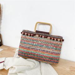 Vintage Straw Woven Tote Bag Summer Beach Handbag Ethnic Bohemian Purse