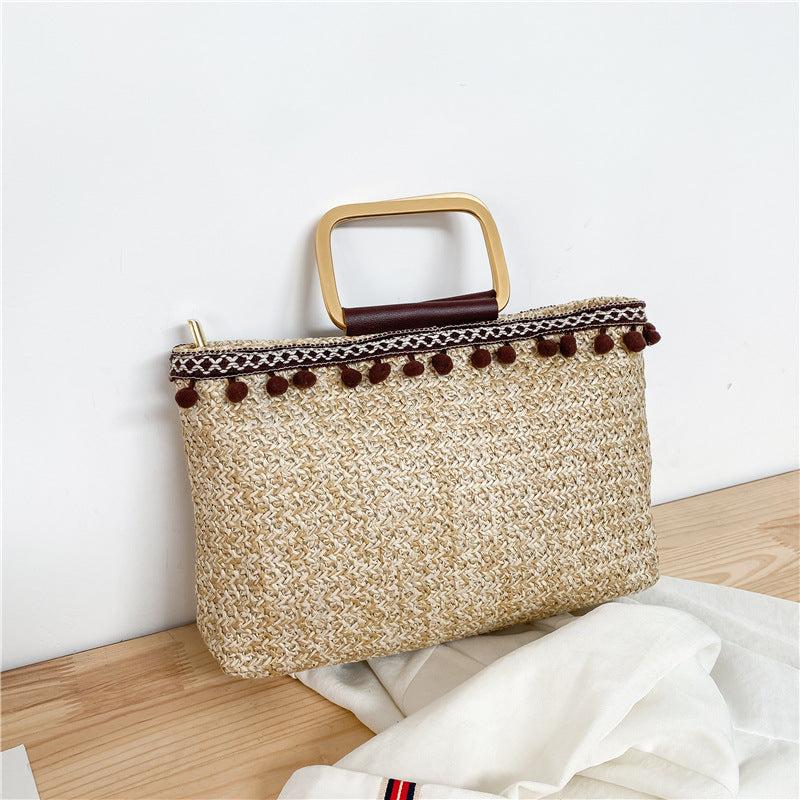 Vintage Straw Woven Tote Bag Summer Beach Handbag Ethnic Bohemian Purse