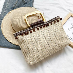 Vintage Straw Woven Tote Bag Summer Beach Handbag Ethnic Bohemian Purse