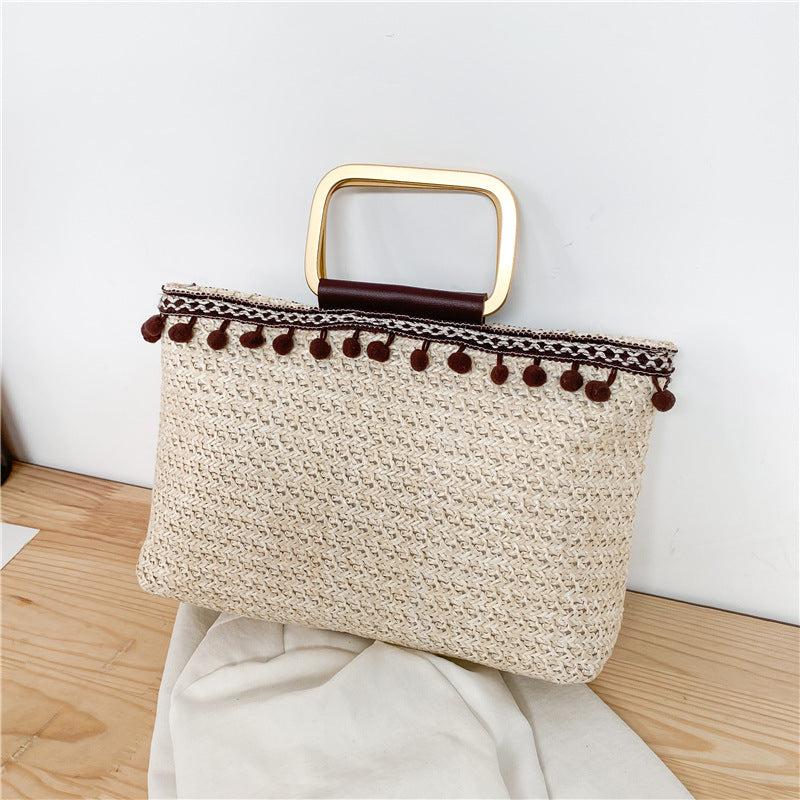 Vintage Straw Woven Tote Bag Summer Beach Handbag Ethnic Bohemian Purse