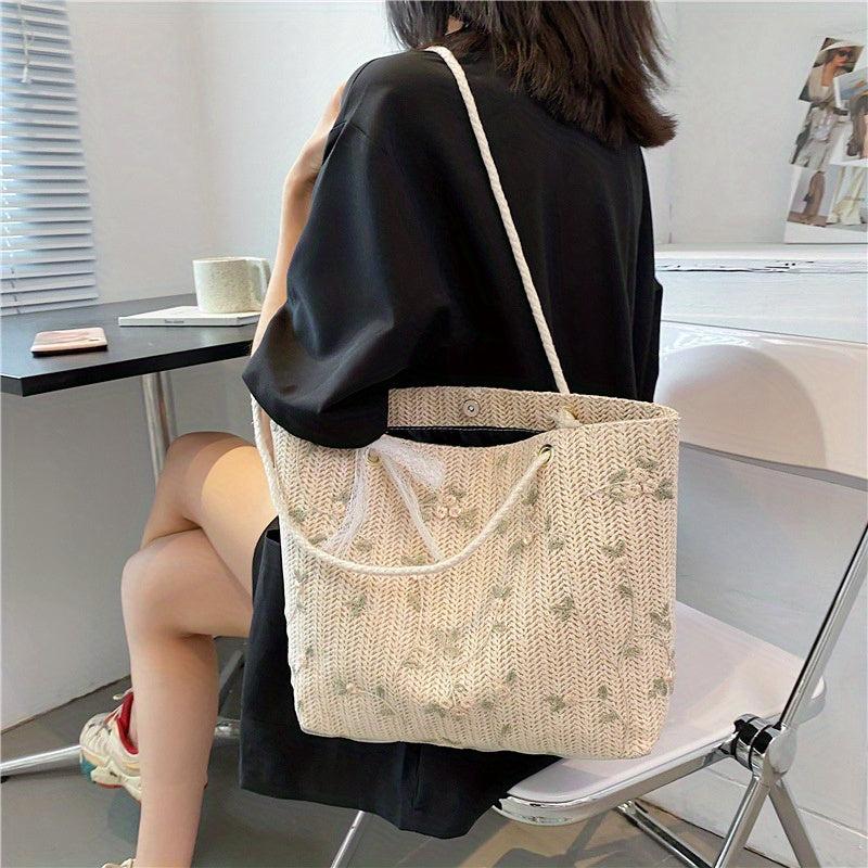 Straw Beach Tote Bag Floral Summer Handbag Women's Daily Shoulder Bag