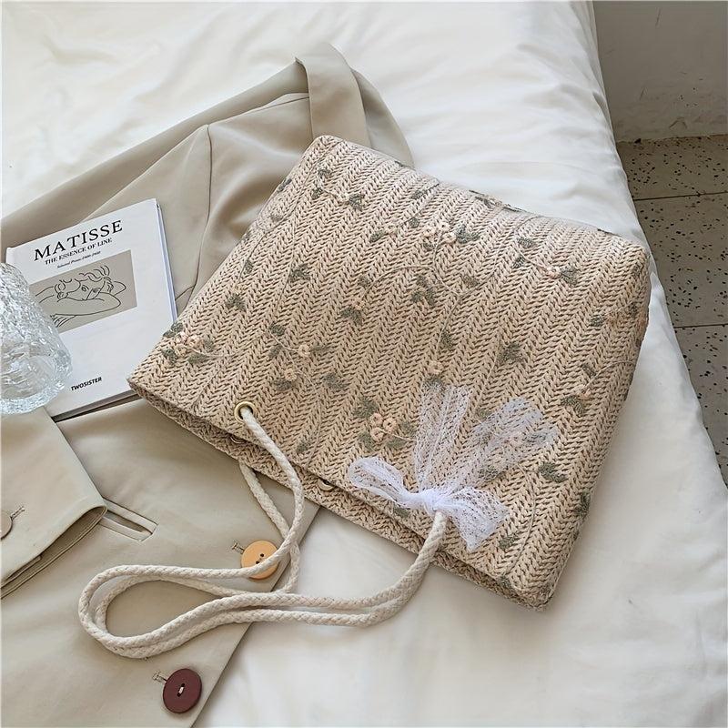 Straw Beach Tote Bag Floral Summer Handbag Women's Daily Shoulder Bag